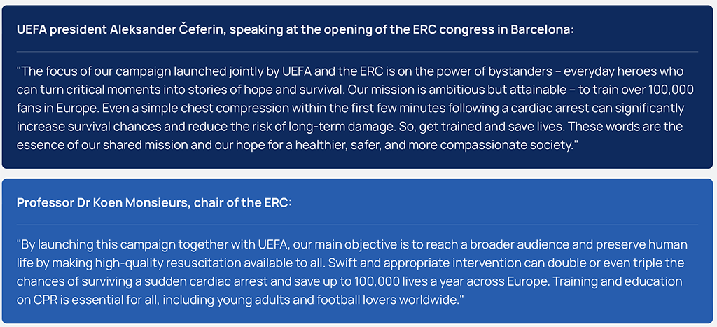 Citaten van de UEFA president en de ERC voorzitter over de campagne 'Get trained save lives'