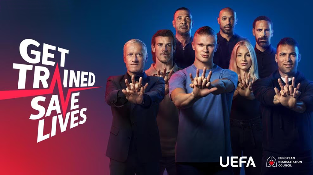 Afbeelding campagne Get Trained Save Lives met voetballegendes Erling Haaland, Lautaro Martínez, Ana Marković, Ruud Gullit, Gareth Bale, Thierry Henry, Didier Deschamps en Rio Ferdinand