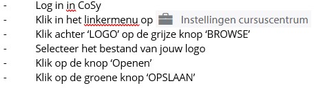 Welke stappen je in CoSy moet doorlopen om het bedrijfslogo te koppelen aan het cursuscentrum.
